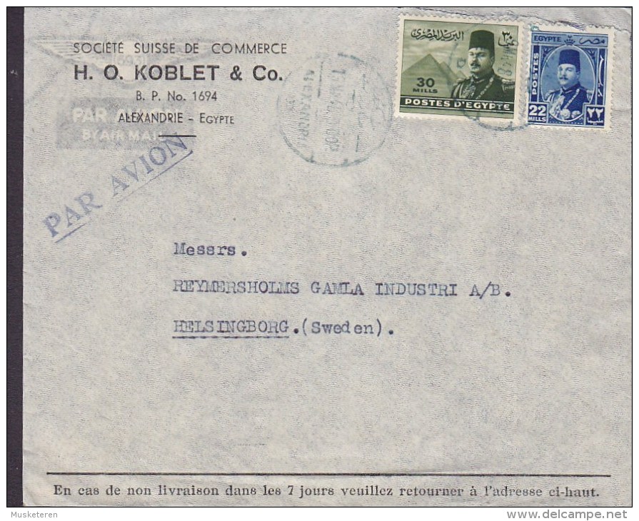 Egypt Egypte H. O. KOBLET & Co. Purple PAR AVION Line Cds. ALEXANDRIA 1948 Cover Lettre HELSINGBORG Sweden King Faruk - Airmail