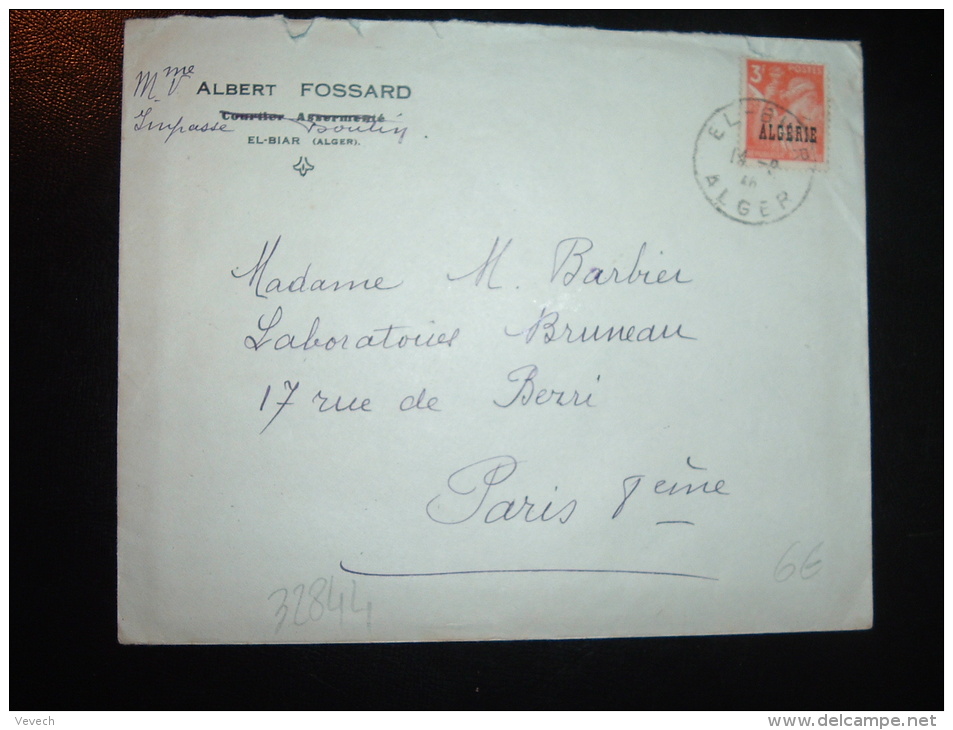 LETTRE TP IRIS 3F Surchargé ALGERIE OBL.14-9-46 EL-BIAR ALGER + COUPURE JOURNAL: Ravitaillement + ALBERT FOSSARD - 1939-44 Iris