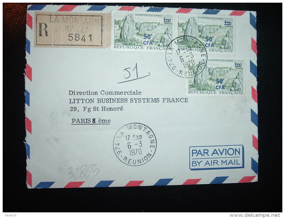 LR POUR FRANCE TP CARNAC 50F CFA Sur 1,00 X3 OBL.6-3-1970 LA MONTAGNE (974 REUNION) + GRIFFE - Storia Postale