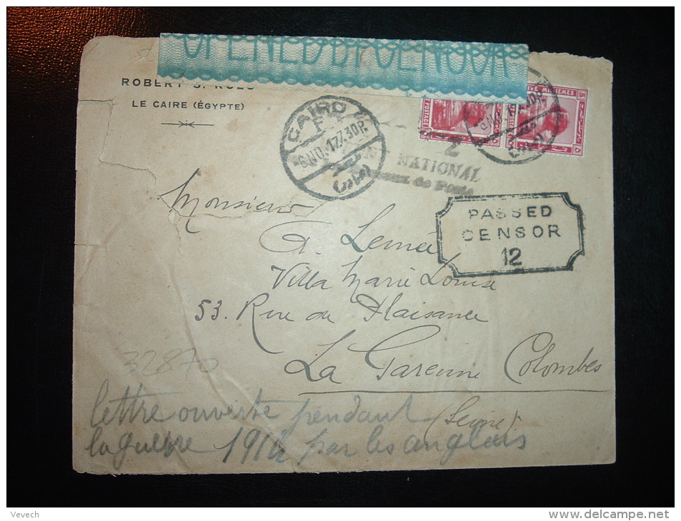 LETTRE POUR LA FRANCE TP 5M X2 OBL. 6 NO 17 CAIRO + CENSURE - 1915-1921 British Protectorate