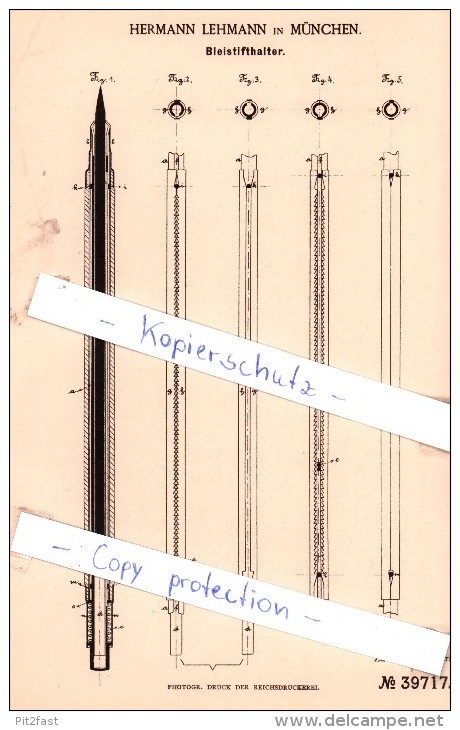 Original Patent - Hermann Lehmann In München , 1886 , Bleistifthalter , Bleistift !!! - Schrijfgerief