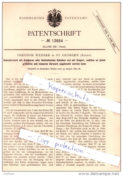 Original Patent - T. Weisser In St. Georgen , Baden , 1880 , Kalenderwerk Mit Scheiben Und Zeigern !!! - Antike Uhren