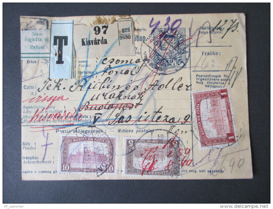 Ungarn 1921 Paketkarte. Hohes Nachporto / Refuse. Nem Fogadta El. Budapest / Kisvarda. 9 Stempel / Nine Cancels. - Covers & Documents