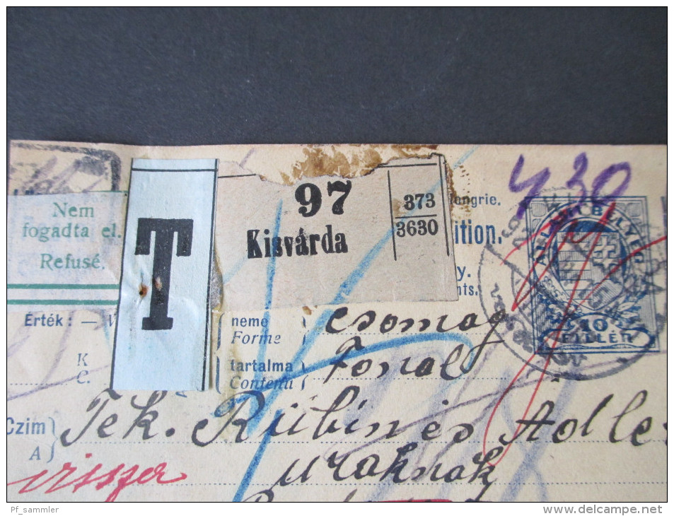 Ungarn 1921 Paketkarte. Hohes Nachporto / Refuse. Nem Fogadta El. Budapest / Kisvarda. 9 Stempel / Nine Cancels. - Briefe U. Dokumente