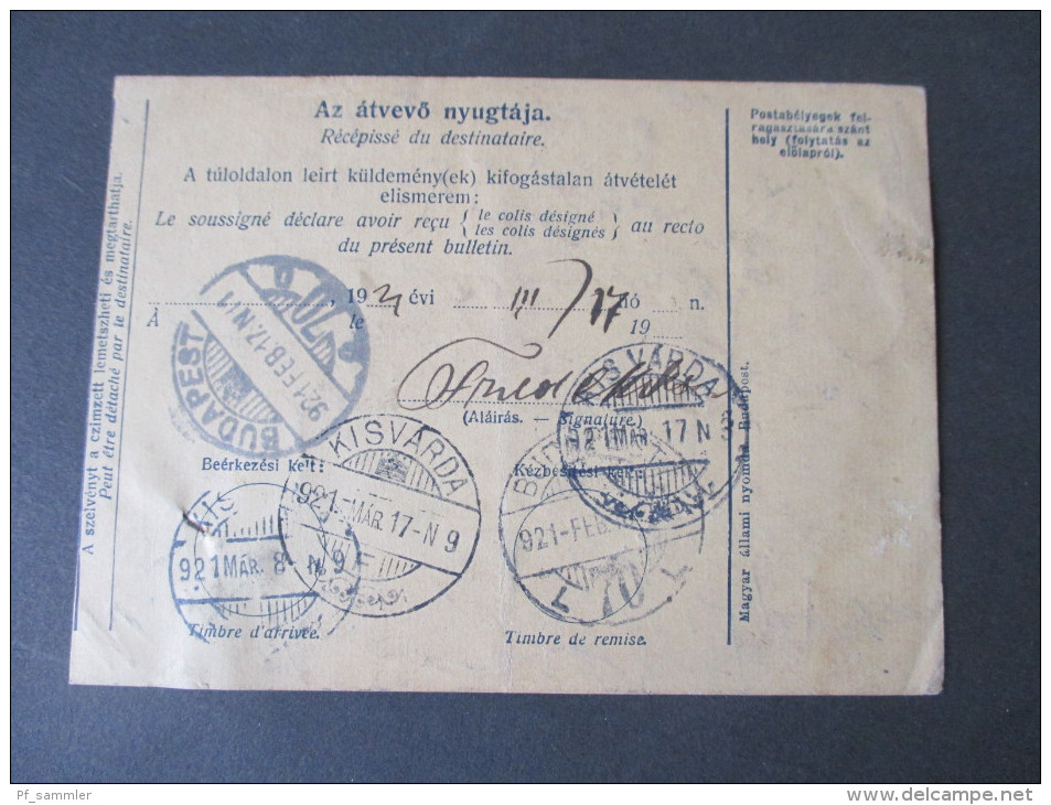 Ungarn 1921 Paketkarte. Hohes Nachporto / Refuse. Nem Fogadta El. Budapest / Kisvarda. 9 Stempel / Nine Cancels. - Lettres & Documents