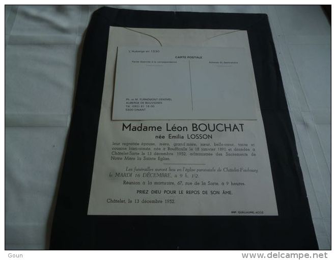 LDM-2 LC118 Lettre De Mort Emilia LOSSON BOUCHAT Bouffioulx 1890 Châtelet Sarte 1952 BERNY LEPAGE BAUDELET BIRON MICHAUX - Tickets
