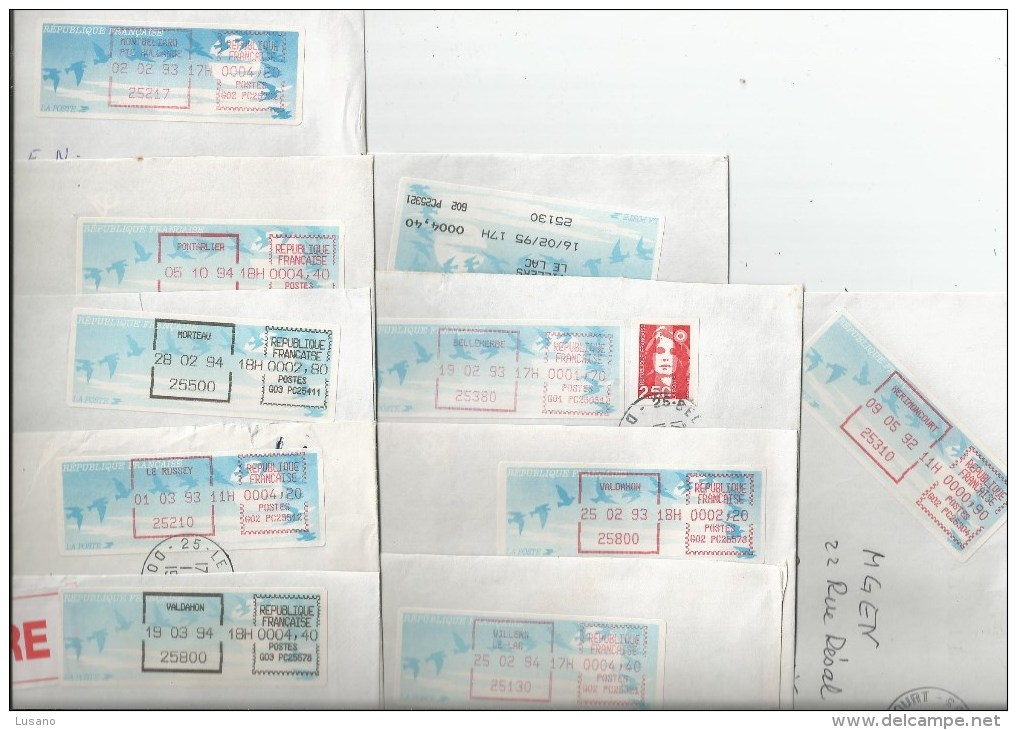 Lot De 25 Vignettes D'affranchissement Sur Enveloppes - Bureaux De Poste Du Doubs - 1990 « Oiseaux De Jubert »