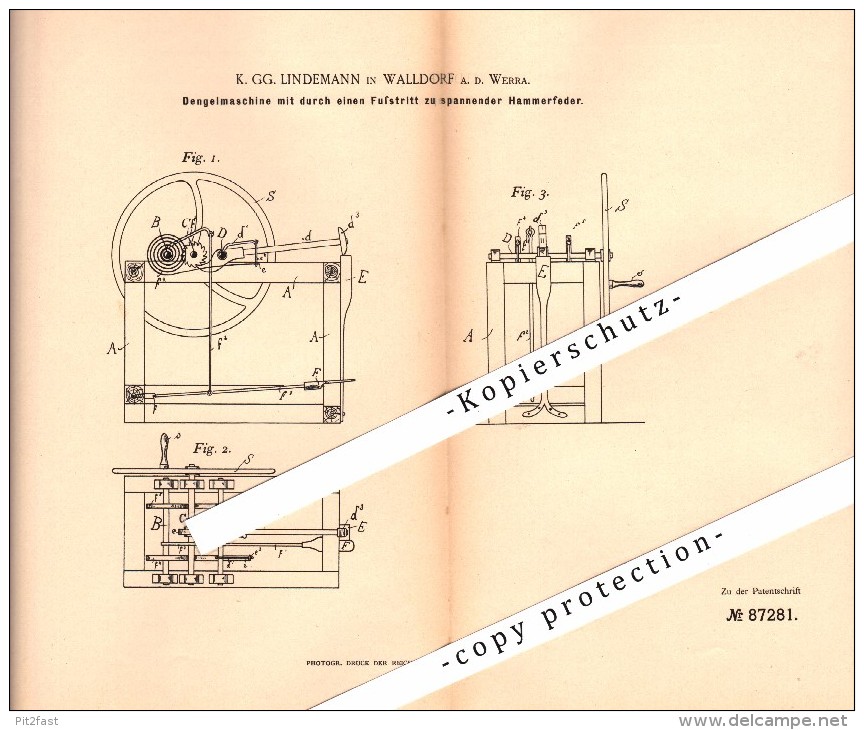 Original Patent - K.G. Lindemann In Walldorf A.d. Werra , 1895 , Dengelmaschine , Landwirtschaft , Agrar !!! - Historische Dokumente