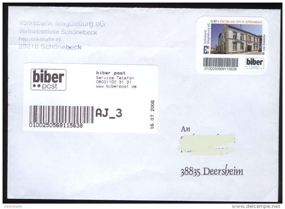 Biber Post Brief Absenderstempel  Volksbank Schönebeck 0,42  (16.7.2008) Glatt Kurzer UPOC Bpb401d - Privées & Locales