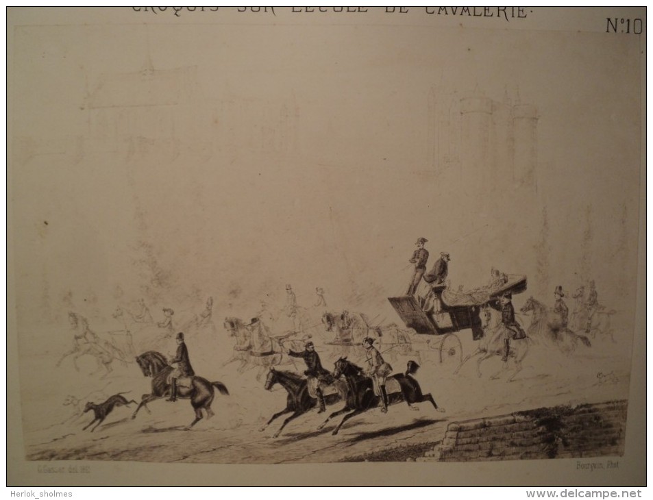 5 Photographies Cavalerie Ecole de Saumur Photographe Bourgoin d´Après dessins G. Gasser. ca1870