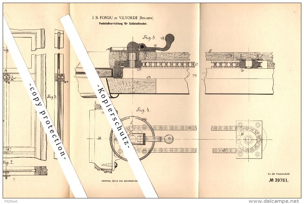 Original Patent - J.B. Fondu In Vilvorde , 1882 , Feststeller Für Schiebefenster , Eisenbahn ,  Vilvoorde !!! - Vilvoorde