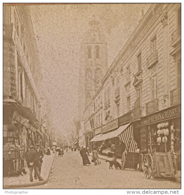 Tours Rue Animee Et Tour Saint Martin France Ancienne Photo Stereo 1890 - Stereoscopic