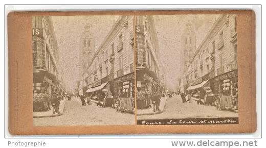 Tours Rue Animee Et Tour Saint Martin France Ancienne Photo Stereo 1890 - Stereoscopic