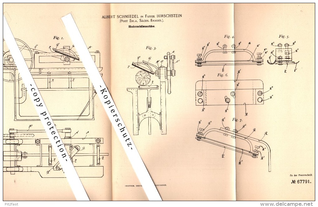 Original Patent - A. Schmiedel In Fabrik Hirschstein , Post Erla / Schwarzenberg ,1892, Rindenschälmaschine , Papier !!! - Schwarzenberg (Erzgeb.)