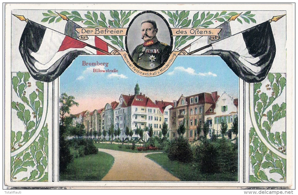 BROMBERG Bülowstraße Bydgoszcz Mit Porträt General Feldmarschall Von Hindenburg Fahne Deutsch National Patriotika 1915 - Westpreussen