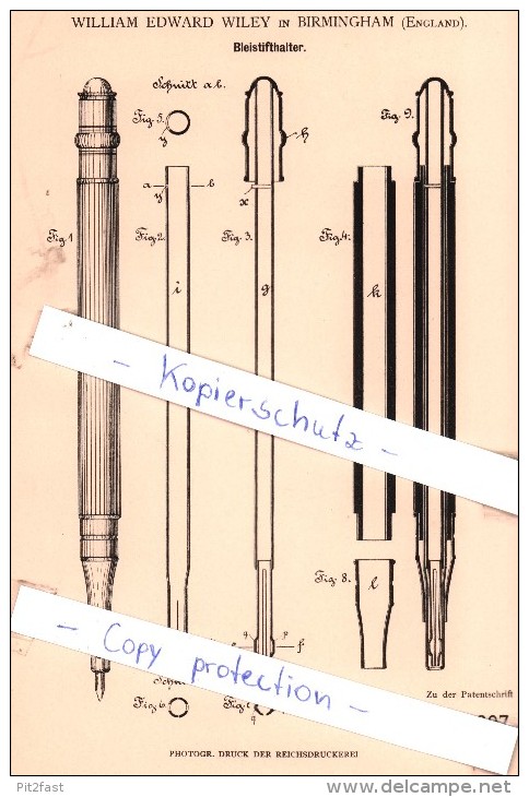 Original Patent -  W. E- Wiley In Birmingham , England , 1881 , Bleistifthalter , Bleistift !!! - Schreibgerät