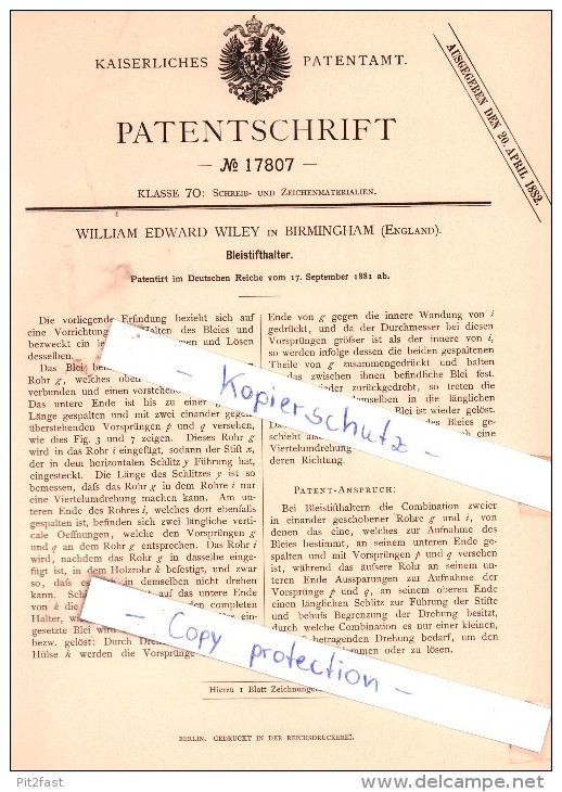 Original Patent -  W. E- Wiley In Birmingham , England , 1881 , Bleistifthalter , Bleistift !!! - Schreibgerät