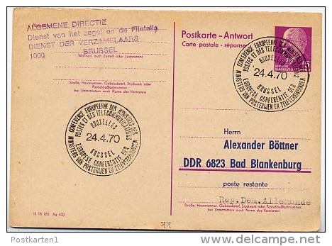 POSTMINISTERKONFERENZ  Brüssel Belgien 1970 Auf DDR P74A Antwort-Postkarte ZUDRUCK #1 - Post