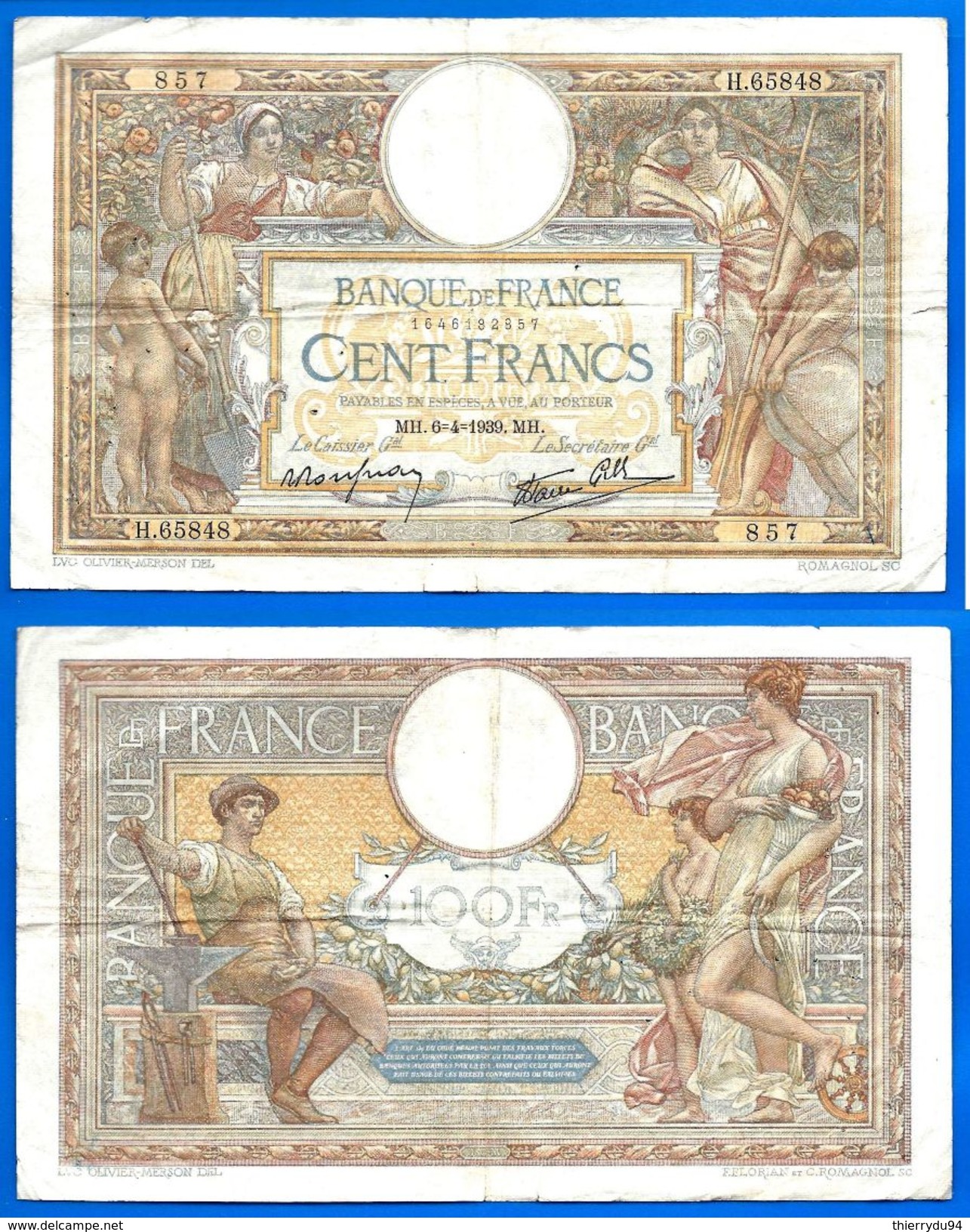 France 100 Francs 6 Avril 1939 Serie H Que Prix + Port Merson Frcs Frc Paypal Skrill Bitcoin OK - 100 F 1908-1939 ''Luc Olivier Merson''