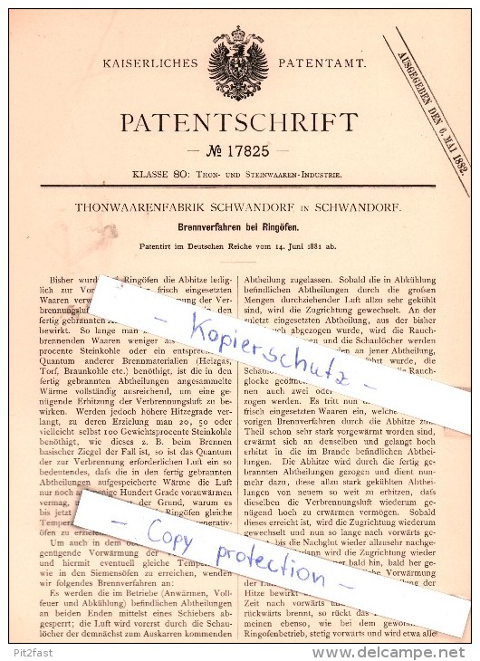 Original Patent - Thonwaarenfabrik In Schwandorf , 1881 , Brennverfahren Bei Ringöfen , Keramik , Thon !!! - Schwandorf