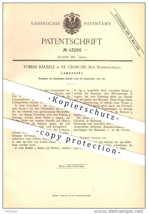 Original Patent - Tobias Bäuerle In St. Georgen , 1887 , Lampenuhr , Uhr , Uhrmacher , Lampen , Beleuchtung !!! - Villingen - Schwenningen