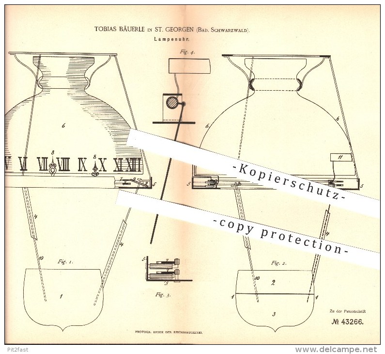 Original Patent - Tobias Bäuerle In St. Georgen , 1887 , Lampenuhr , Uhr , Uhrmacher , Lampen , Beleuchtung !!! - Villingen - Schwenningen