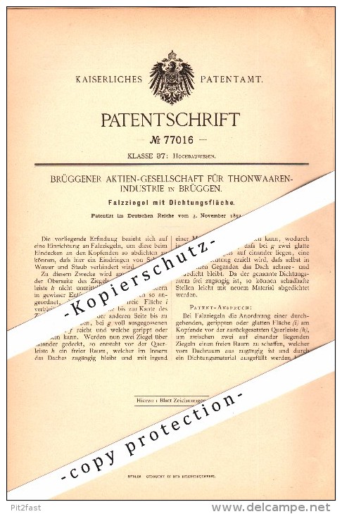 Original Patent - Thonwaaren-Industrie In Brüggen , 1893 , Falzziegel Mit Dichtung , Dachziegel , Dachdecker , Viersen ! - Viersen