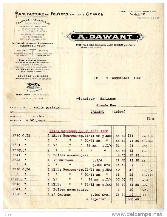 SAINT OUEN  93  MANUFACTURE DE FEUTRES EN TOUS GENRES   A DAWANT   FACTURE 1928 - Artigianato