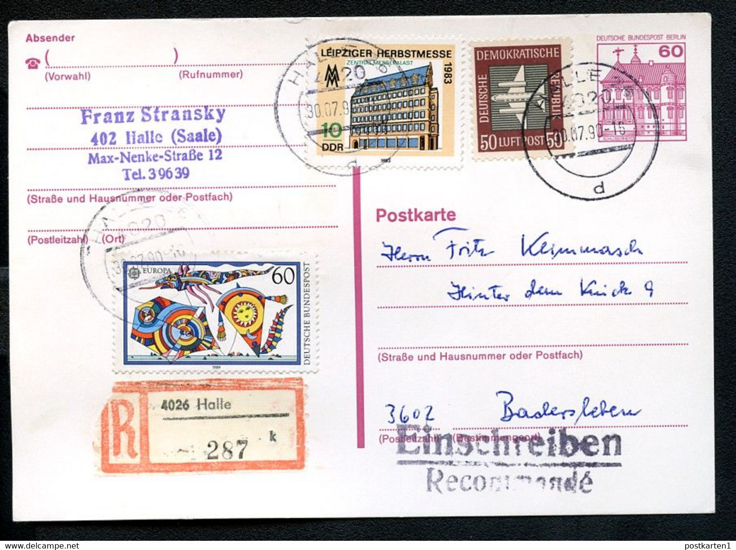 BERLIN P122 II Postkarte EINSCHREIBEN Halle-Badersleben 30.07.1990 - Postcards - Used