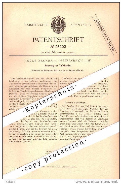 Original Patent - Jakob Becker In Weifenbach B. Biedenkopf , 1883 , Tafelherd , Herd , Küche , Backofen !!! - Biedenkopf