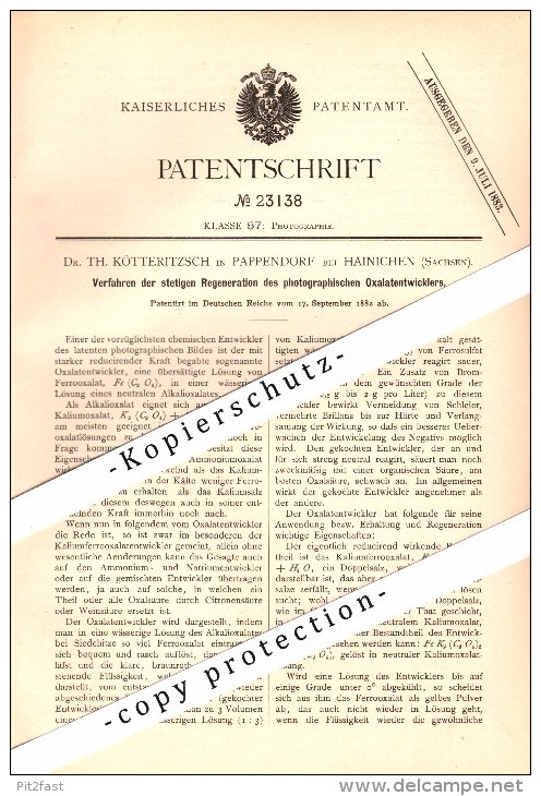 Original Patent - Dr. Th. Kötteritzsch In Pappendorf B. Hainichen , 1882 , Regeneration Von Photographischem Oxalen  !!! - Hainichen