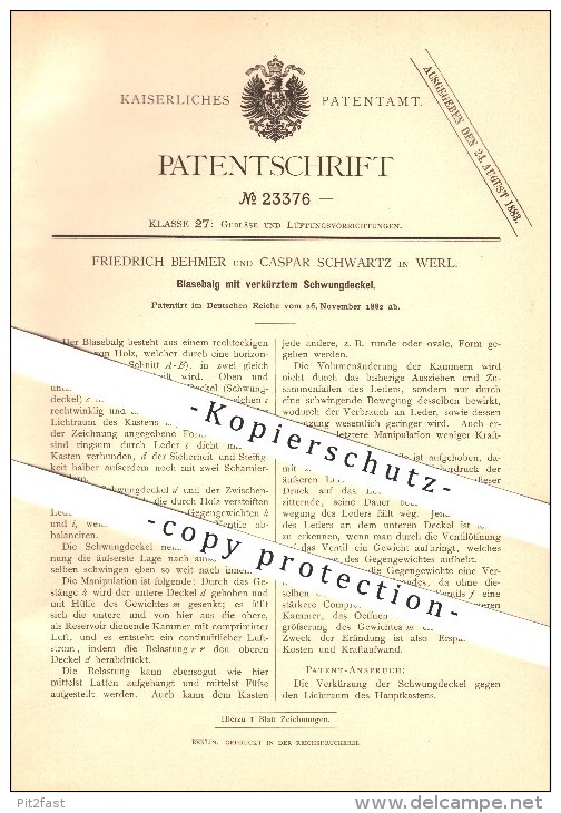 Original Patent - Friedrich Behmer Und Caspar Schwartz In Werl , 1882 , Blasebalg , Gebläse , Lüftung !!! - Werl