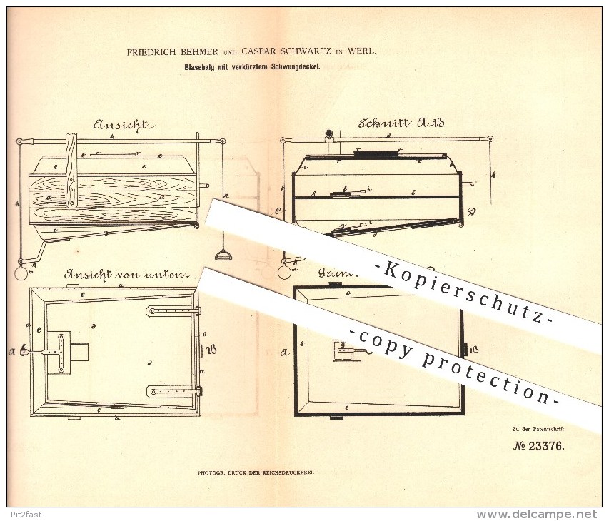 Original Patent - Friedrich Behmer Und Caspar Schwartz In Werl , 1882 , Blasebalg , Gebläse , Lüftung !!! - Werl