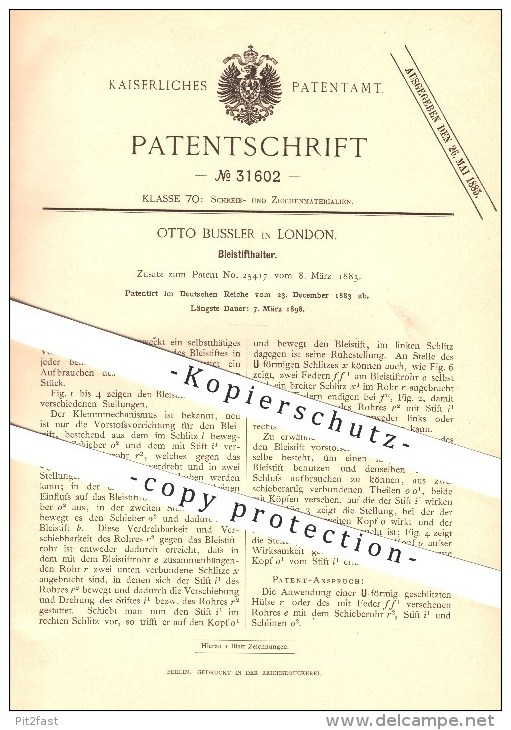 Original Patent - Otto Bussler In London , 1883 , Bleistifthalter , Bleistift , Schreibwaren !!! - Schreibgerät