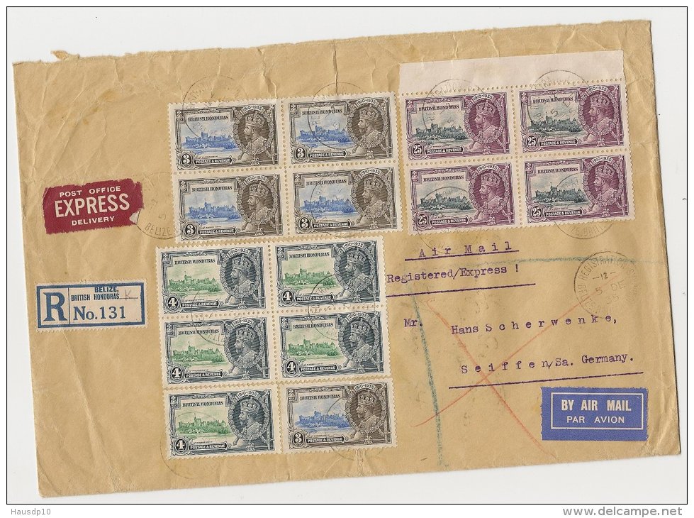 British Registered Letter BELIZE Honduras 5.12.35 Air Mail Express Mif. Mi.105,106,108 To Germany Seiffen (7) - Britisch-Honduras (...-1970)