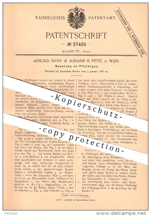 Original Patent - Arnold Zivny & Johann B. Petzl In Wien , 1886, Pfeilbogen , Bogen , Bogenschiessen , Sport , Schiessen - Bogenschiessen
