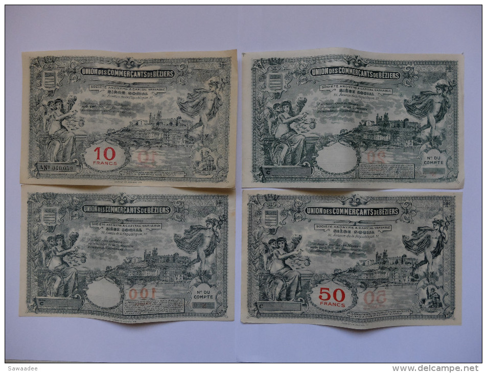 BILLET FRANCE - UNION DES COMMERCANTS DE BEZIERS - LOT DE 4 - 10, 20, 50 Et 100 FRANCS - HERMES - CATHEDRALE - Bonds & Basic Needs