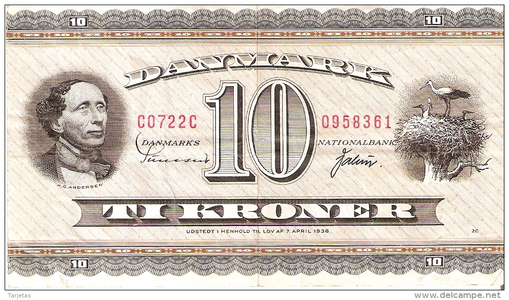 BILLETE DE DINAMARCA DE 10 KRONER DEL AÑO 1936 DIFERENTES FIRMAS (BANK NOTE) MOLINO-MOULIN-MILL - Denemarken