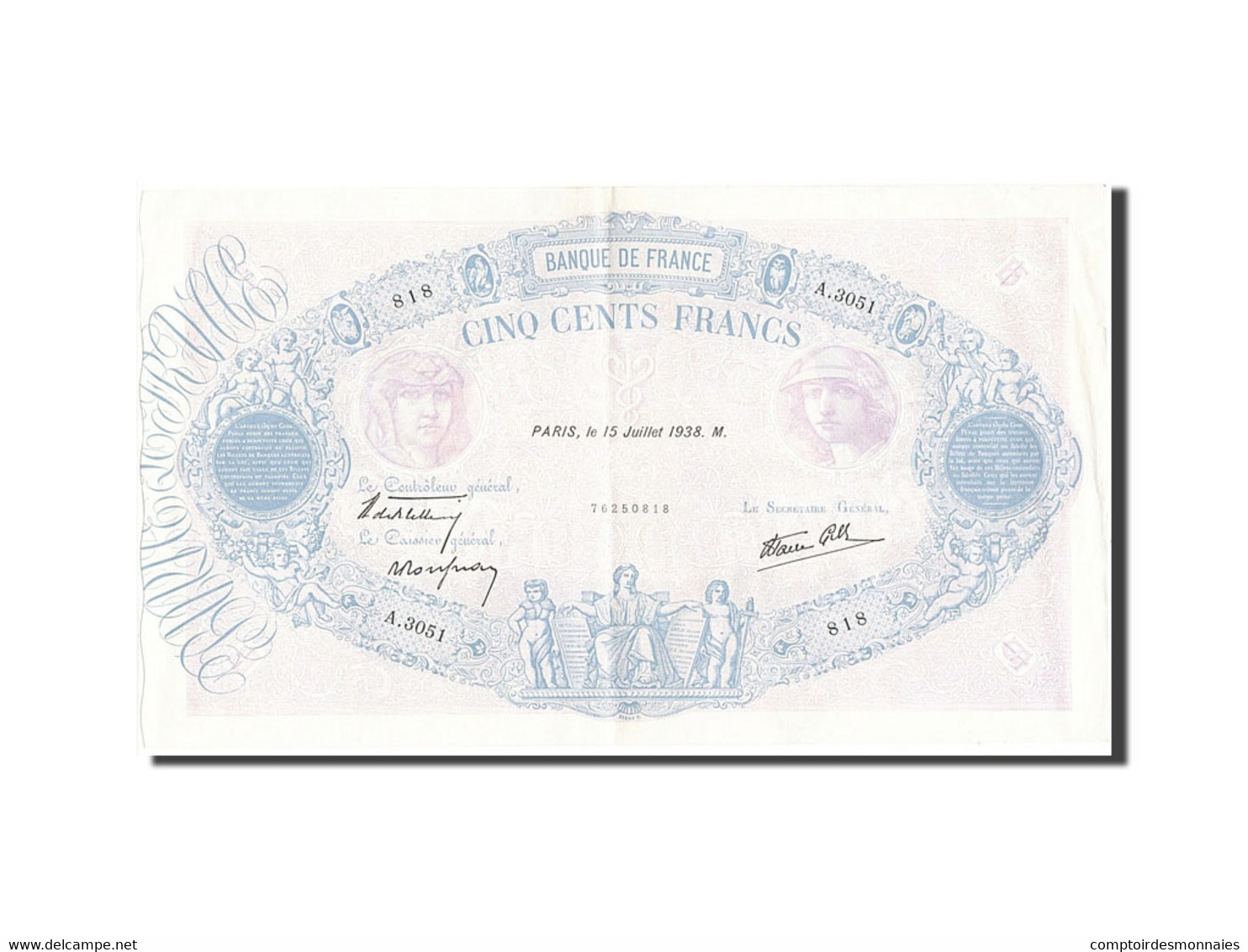 Billet, France, 500 Francs, 500 F 1888-1940 ''Bleu Et Rose'', 1938, 1938-07-15 - 500 F 1888-1940 ''Bleu Et Rose''