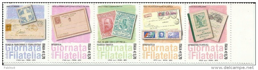 ITALIA REPUBBLICA ITALY REPUBLIC  2013 GIORNATA DELLA FILATELIA STAMP DAY SERIE COMPLETA IN STRISCIA SET STRIP MNH - 2011-20: Mint/hinged