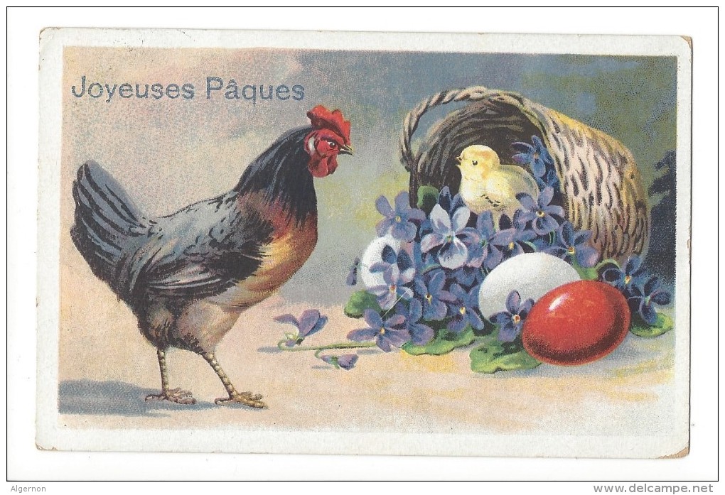 12408 -  Joyeuses Pâques Coq Et Poussin Dans Panier Violettes Et Oeufs - Pâques