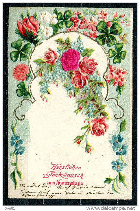 CPA Color Prägedruck Anlaßkarte Österreich,Austria 1907"Herzlichen Glückwunsch Zum Namenstag,Rosen,Kleeblä"1 AK Used,bef - 1900-1949