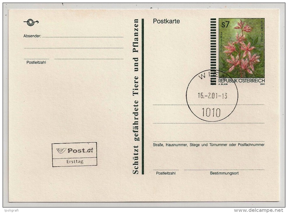 Austria, 2001, Postal Card, Dictamnus Albus (Weisser Diptam), FDC, Wien 16-2-2001 - Geneeskrachtige Planten