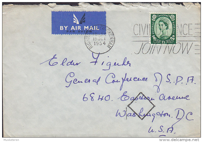 Great Britain AIR MAIL Par Avion Label Slogan "Civil Defense" RICHMOND Twickenham 1954 Cover Brief USA 1/3 Sh QEII Stamp - Luftpost & Aerogramme