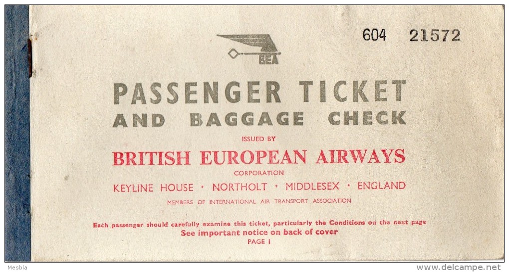 AVIATION  - TICKET  -  PASSENGER  TICKET  -  BRITISH  EUROPEAN  AIRWAYS  - 1950 - Tickets