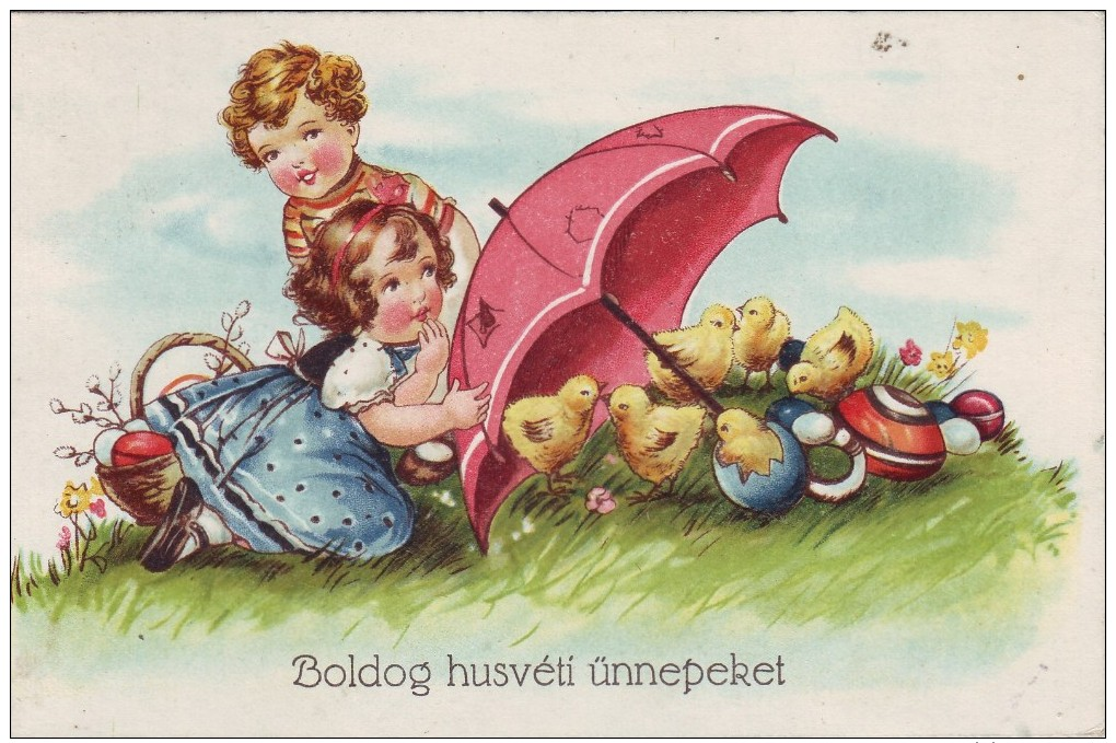 #4025 Easter Greetings Postcard Mailed 1941: Little Girls, Umbrella, Chickens, Eggs - Easter