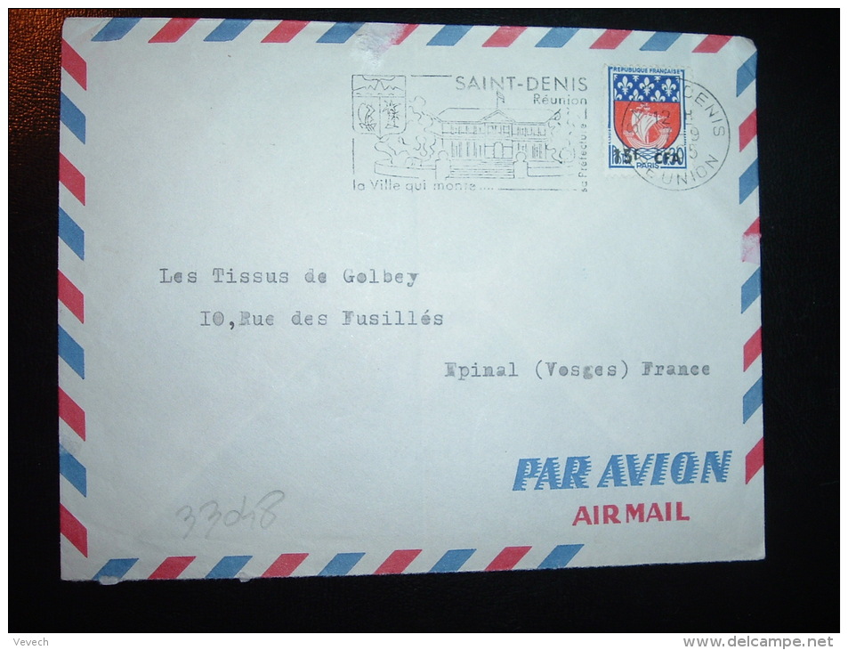 LETTRE PAR AVION TP BLASON DE PARIS 15F CFA Sur 0,30 OBL.MEC.7-9-1965 SAINT DENIS REUNION - Covers & Documents