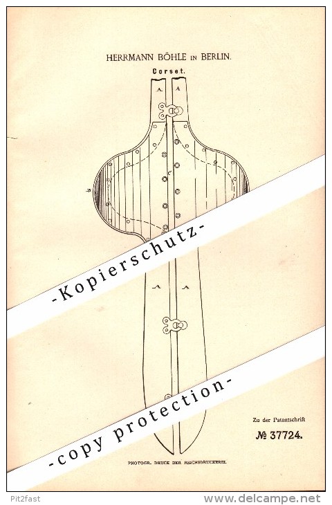 Original Patent - Hermann Böhle In Berlin , 1886 , Corset , Korsett !!! - Biancheria Intima