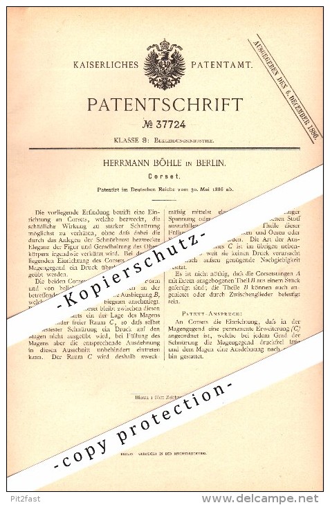 Original Patent - Hermann Böhle In Berlin , 1886 , Corset , Korsett !!! - Encaje