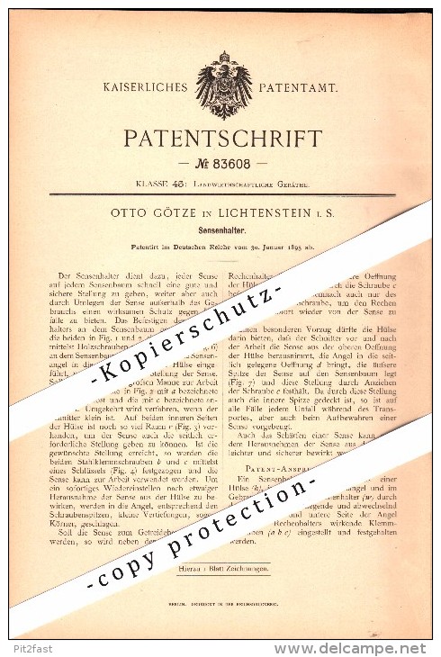 Original Patent - Otto Götze In Lichtenstein I. Sachsen , 1895 , Sensenhalter , Landwirtschaft , Agrar !!! - Lichtenstein